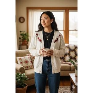 Strawberries motif Women's S Embroidered Floral Cardigan Sweater grandmacore